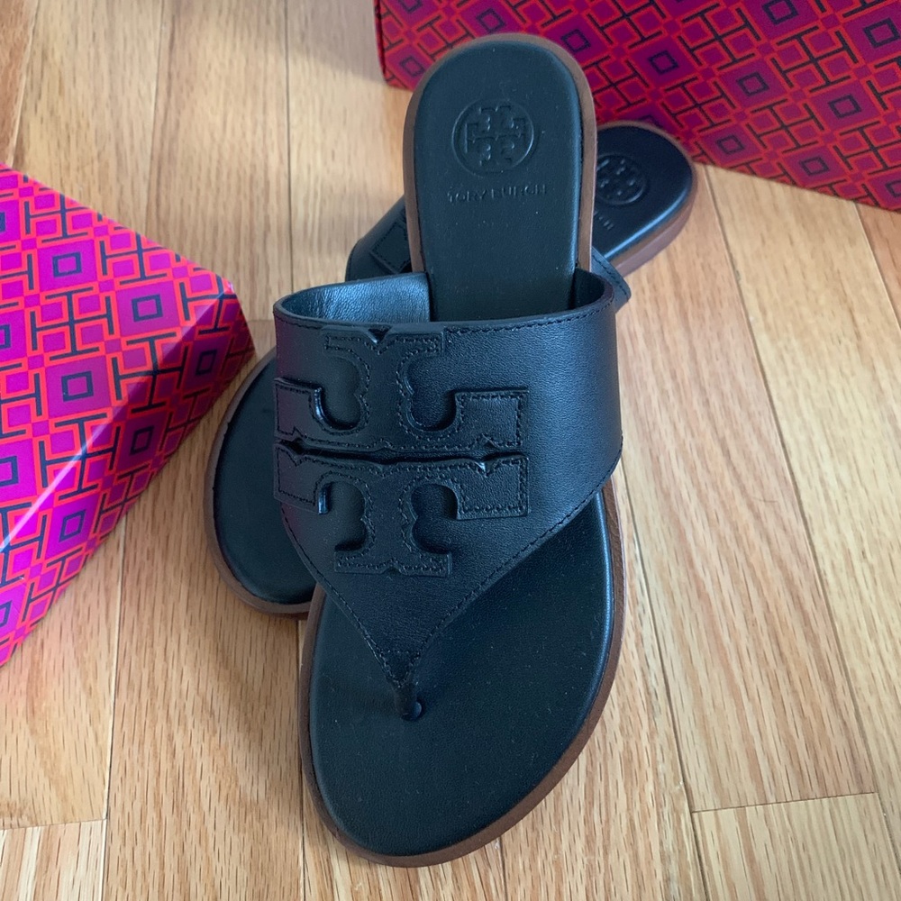 Tory Burch Full LogoThong Calf Leather Black